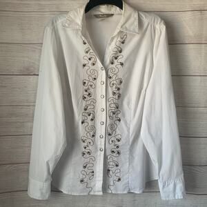 TanJay White Button Up Blouse Embroidered Beaded Detail Size 18